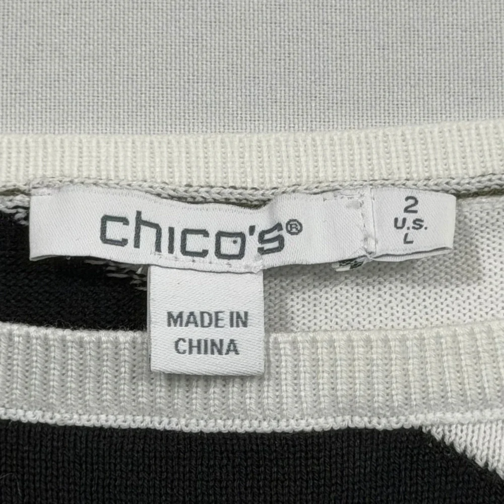Chicos Knit Top Womens 2 L Purple Black Geometric Cap Sleeve Cotton Blend Mod